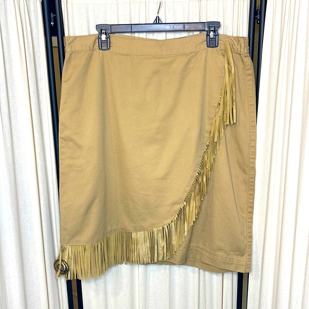 90’S VINTAGE COTTON TAN WESTERN FRINGE SKIRT WITH ACCENT SIZE XLTO 1X